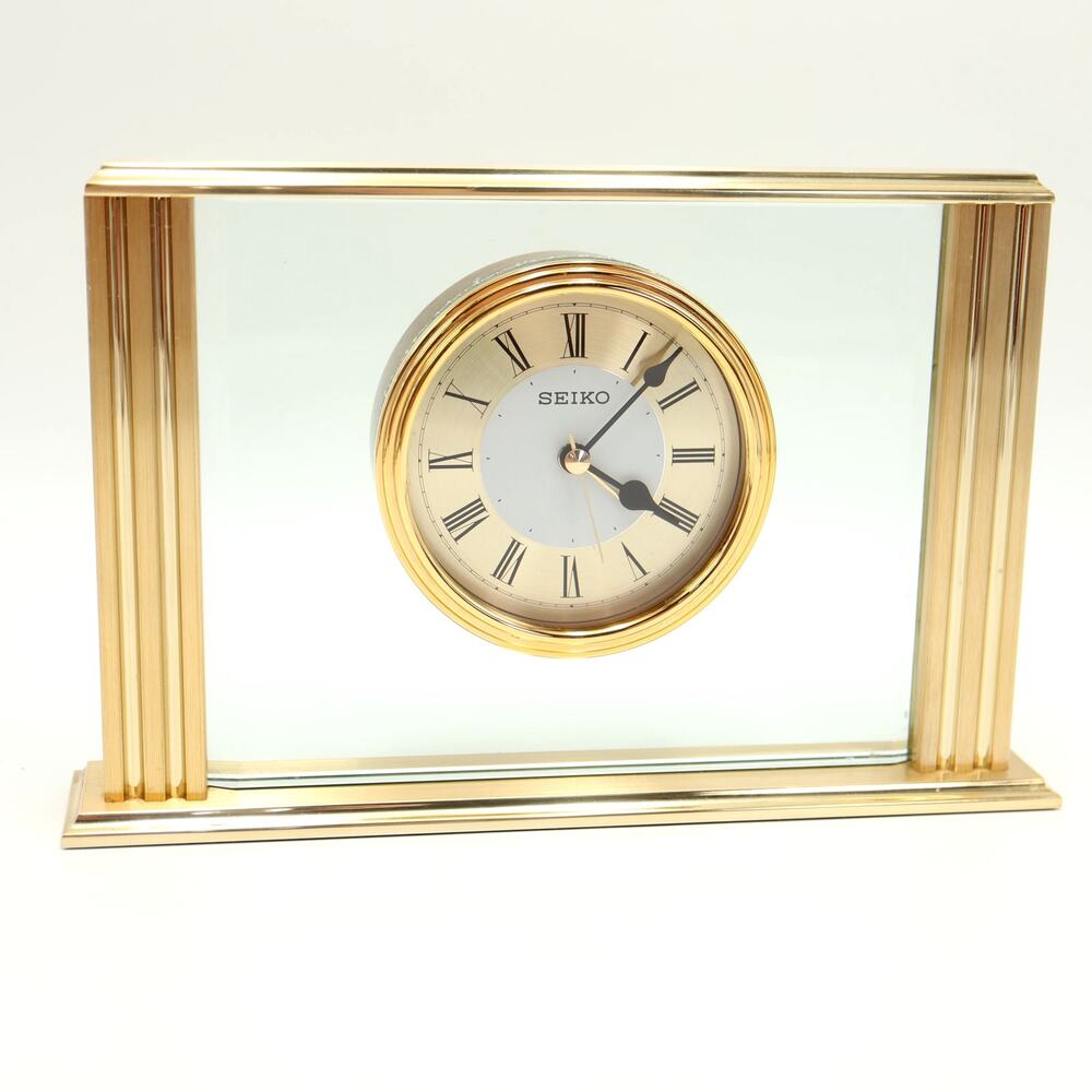 Seiko Floating Dial Alarm Desk Clock Brass Pillar Executive Glass Body 5" x 8"